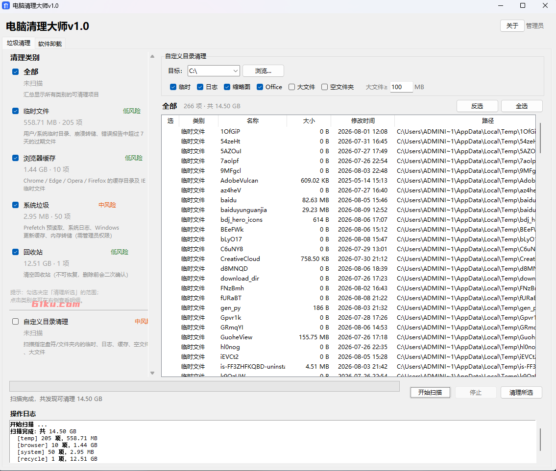 电脑垃圾清理大师 v1.0 系统垃圾清理，软件卸载，C盘清理