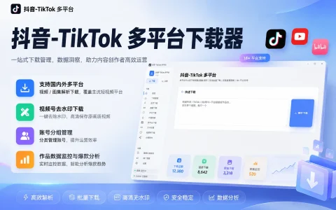 抖音-TikTok 多平台下载器 v1.0.0 支持国内外多平台视频 / 图集解析下载、视频号去水印下载、账号分组管理、作品数据监控与爆款分析