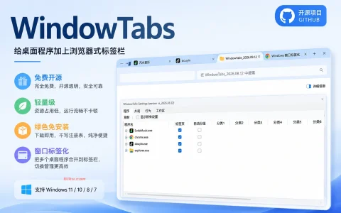 WindowTabs v2026.08.12 免费开源、轻量级、绿色免安装的Windows窗口标签化工具，能给桌面程序加上浏览器式标签栏