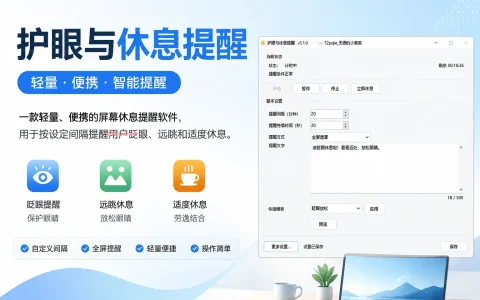 护眼与休息提醒 v3.1.0 一款轻量、便携的屏幕休息提醒软件，用于按设定间隔提醒用户眨眼、远眺和适度休息。
