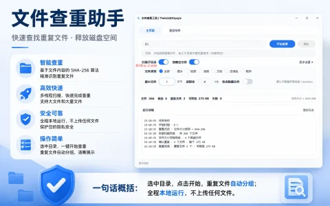 文件查重助手 v1.0.0 不看文件名，读取文件内容并计算 SHA-256，将真正内容相同的文件归为一组。