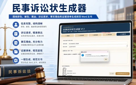 民事诉讼状生成器 v1.1 围绕原告、被告、案由、诉讼请求、事实理由和证据清单生成规范Word文书。