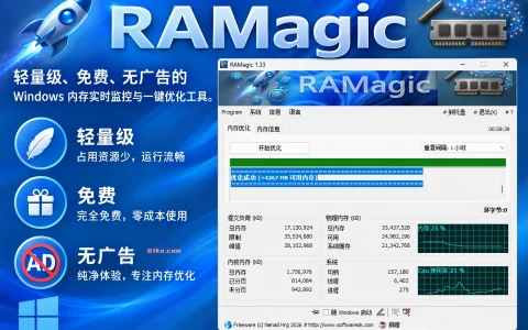 RAMagic v1.33 免费、无广告的 内存实时监控与一键优化工具